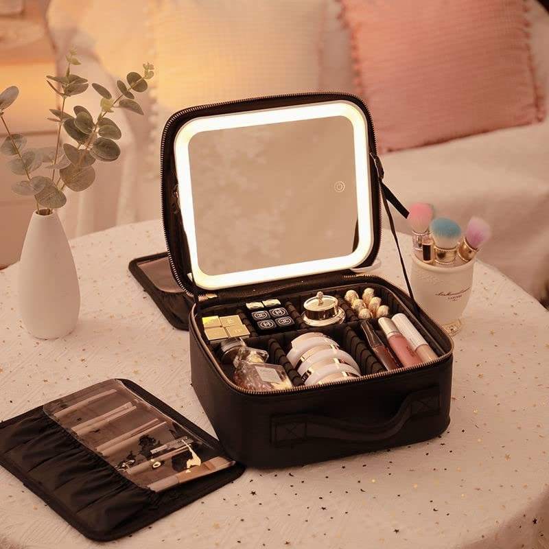 Smart cosmetic bag with lights and mirror