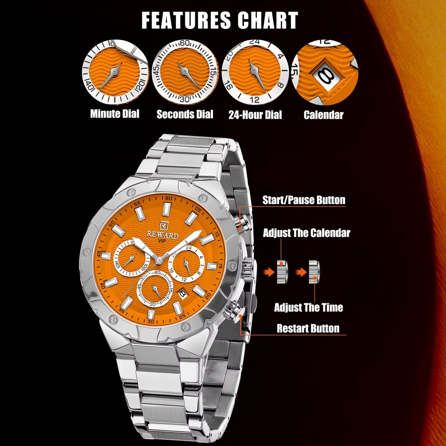 REWARD RD81970M – Sleek Stainless Steel Waterproof Watch for Men